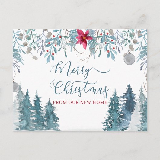新しい家の冬の森からのメリークリスマス移動 シーズンポストカード (正面)