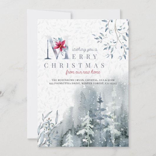 新しい家の冬の森からのメリークリスマス移動 案内状 (正面)