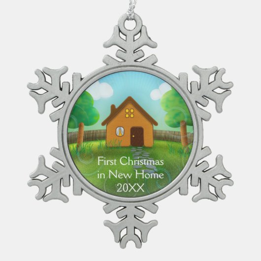 新しい家の初めてのクリスマス スノーフレークピューターオーナメント (正面)