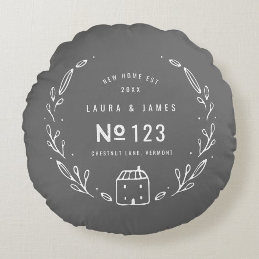 新しい家の手描き花柄デザイン ラウンドクッション (正面)