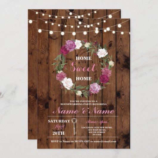 新しい家の暖かいお披露目 木製の鍵の形の素敵なホームパーティーの招待状 招待状 (正面/裏面)