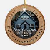 新しい家の木目切り初めてのクリスマス セラミックオーナメント (正面)