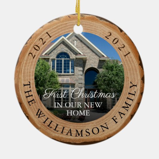 新しい家の木目切り初めてのクリスマス セラミックオーナメント (裏面)