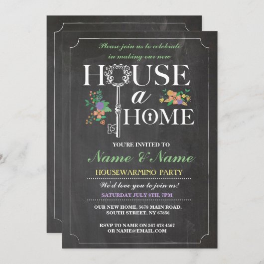 新しい家の甘いホームウオーミングチョークボードキー招待状 招待状 (正面/裏面)
