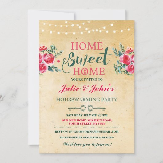 新しい家の甘いホームウオーミングフラワーキー招待 招待状 (正面)