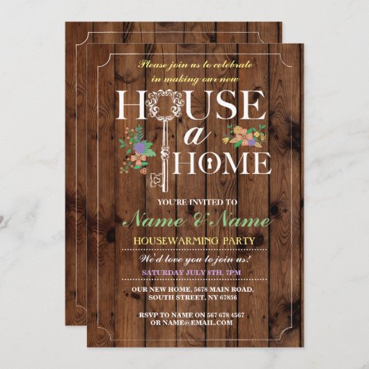 新しい家の甘い家の暖かい家の木の鍵の招待状 招待状 (正面/裏面)