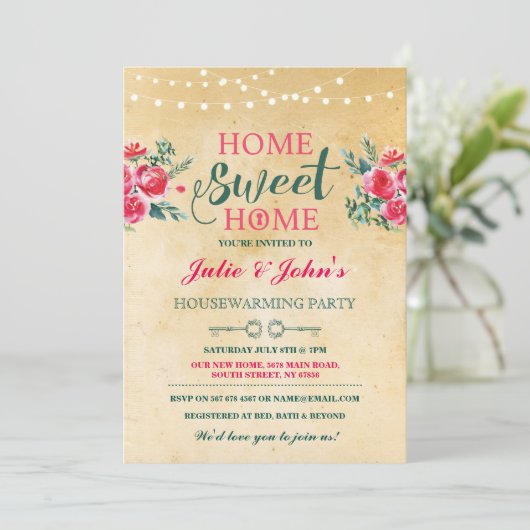 新しい家の甘い家の暖まる花柄の鍵の招待 招待状 (スタンド正面)