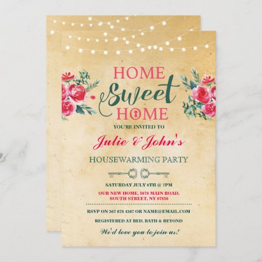 新しい家の甘い家の暖まる花柄の鍵の招待 招待状 (正面/裏面)