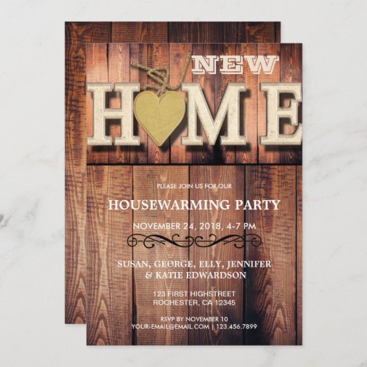 新しい家の甘い家の素朴な引っ越し祝いパーティーのパーティー 招待状 (正面/裏面)