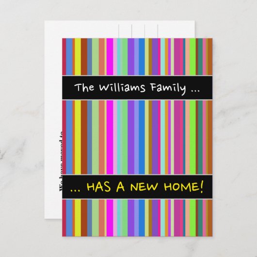 「。..新しい家を持っている!" +様々な色のストライプ 案内ポストカード (正面/裏面)