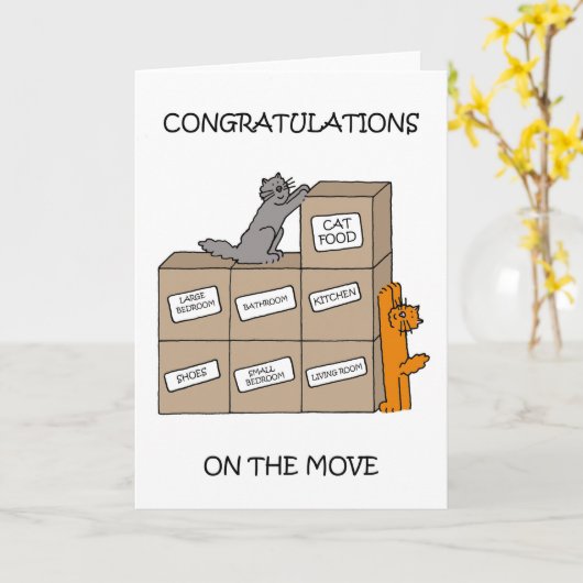 新しい家庭の可愛い猫たちへおめでとう カード (黄色い花)