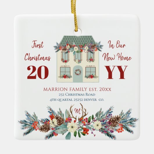 新しい家庭の素朴な家族の初めてのクリスマス セラミックオーナメント (正面)