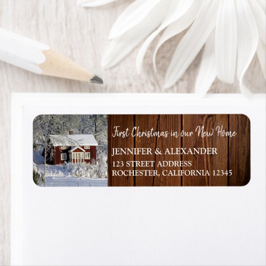 新しい家庭の素朴な木の写真の初めてのクリスマス ラベル (インサイチュ)