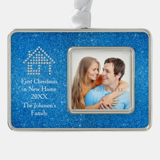 新しい家2017%のpipe%青いグリッターの初めてのクリスマス シルバープレートフレームオーナメント (正面)