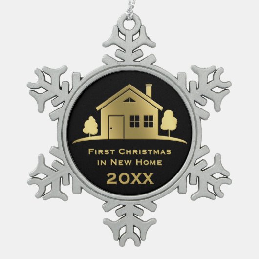 新しい家20XXの金初めてのクリスマス スノーフレークピューターオーナメント (正面)