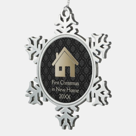 新しい家|のダマスク織の初めてのクリスマス スノーフレークピューターオーナメント (右)