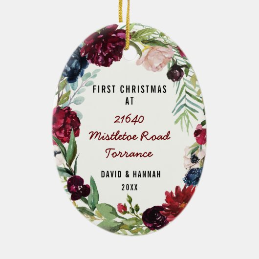 新しい家|の新しい住所の花の初めてのクリスマス セラミックオーナメント (裏面)