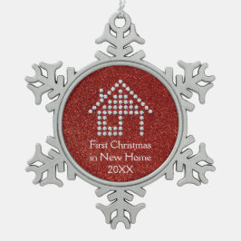 新しい家|の赤いグリッターの初めてのクリスマス スノーフレークピューターオーナメント