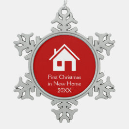 新しい家|の赤い背景の初めてのクリスマス スノーフレークピューターオーナメント