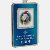新しい家|ペット写真の青い初めてのクリスマス シルバープレートフレームオーナメント (右)