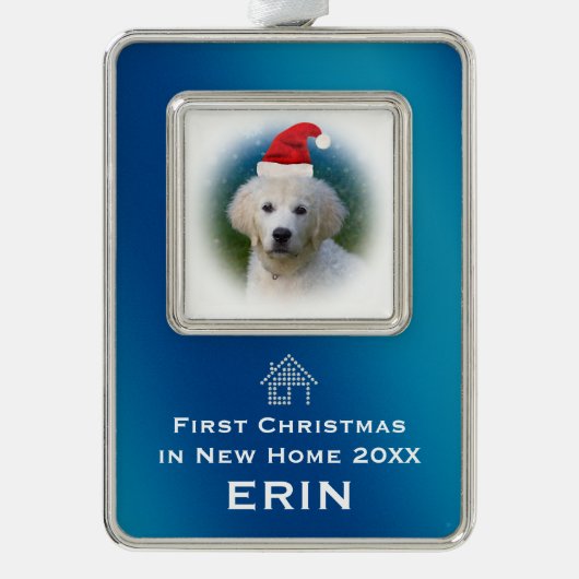 新しい家|ペット写真の青い初めてのクリスマス シルバープレートフレームオーナメント (正面)