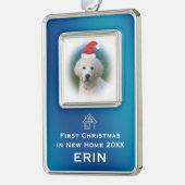 新しい家|ペット写真の青い初めてのクリスマス シルバープレートフレームオーナメント (左)