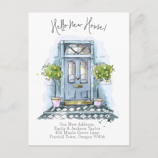 新しい家 - モダンな新住所 水彩ドア 案内ポストカード (正面)