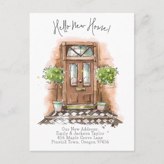 新しい家 - モダンな新住所 水彩ドア 案内ポストカード (正面)