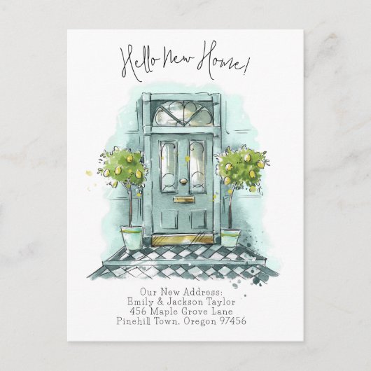 新しい家 - 現代の新しい住所の水彩画のドア 案内ポストカード (正面)