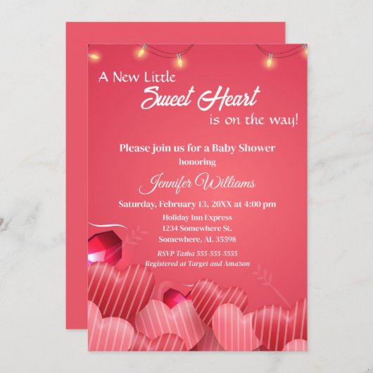 新しい小さな甘いハートバレンタインデーシャワー 招待状 (正面/裏面)