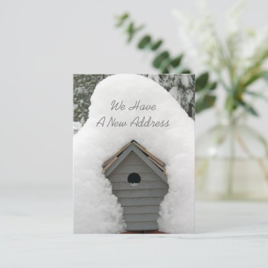 新しい巣かわいい冬のバードハウス移動はがき 案内ポストカード (スタンド正面)