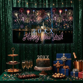 新しい年の幕開けを祝う カスタム花火 都市のスカイライン 横断幕