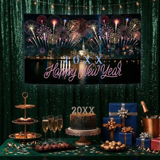 新しい年の幕開けを祝う カスタム花火 都市のスカイライン 横断幕