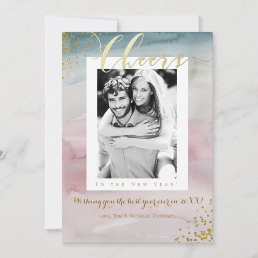 新しい年の華やかな水彩写真にお祝いを シーズンカード (正面)