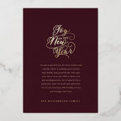 新しい年への喜び | 家族写真 エレガントなスクリプト 箔シーズンカード (裏面)