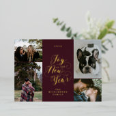 新しい年への喜び | 4枚の写真のエレガントなスクリプト 箔シーズンカード (立ち正面)
