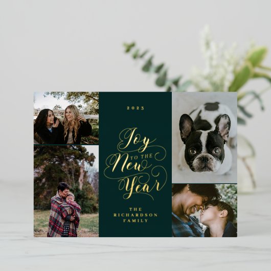 新しい年への喜び | 4枚の写真のエレガントなスクリプト 箔シーズンカード (立ち正面)