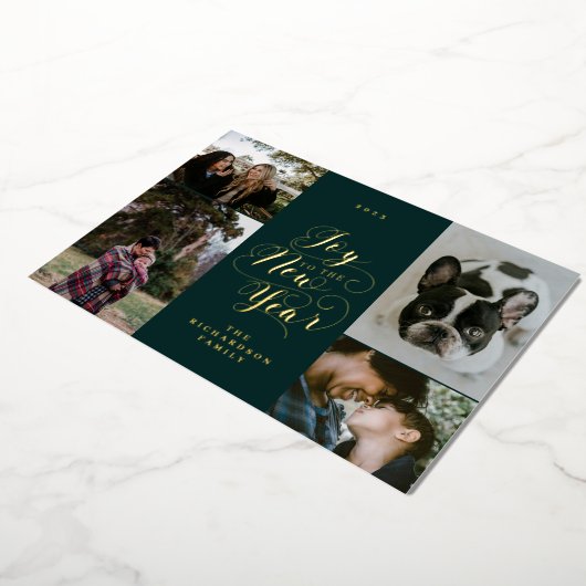 新しい年への喜び | 4枚の写真のエレガントなスクリプト 箔シーズンカード (回転した状態)