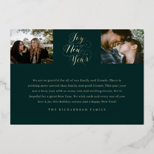 新しい年への喜び | 4枚の写真のエレガントなスクリプト 箔シーズンカード (裏面)