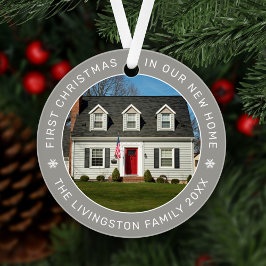 新しい我が家の初めてのクリスマス グレー カスタムフォト オーナメント