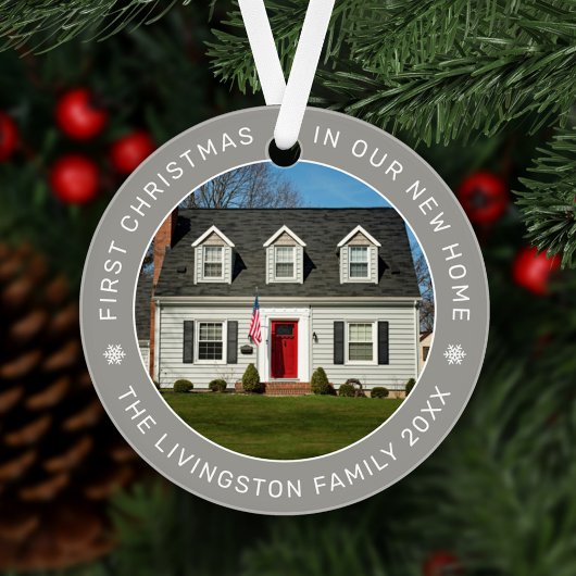 新しい我が家の初めてのクリスマス グレー カスタムフォト オーナメント