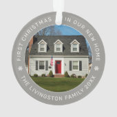 新しい我が家の初めてのクリスマス グレー カスタムフォト オーナメント (裏面)