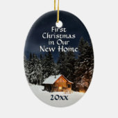新しい故国の素朴な小屋の初めてのクリスマス セラミックオーナメント (裏面)