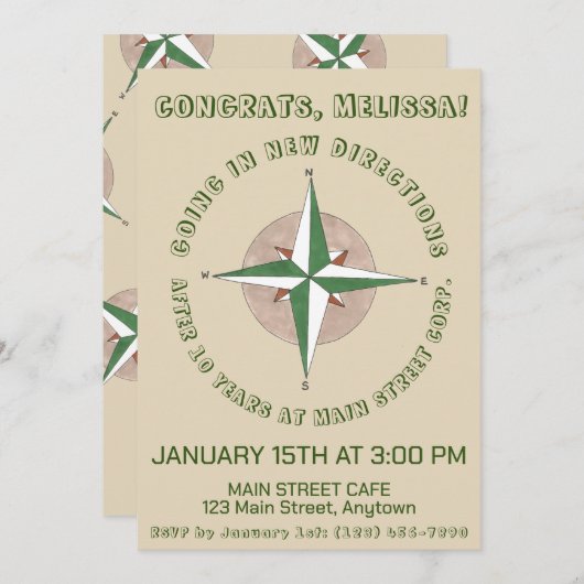 新しい方向コンパスが退職遠くにパーティーへ 招待状 (正面/裏面)