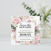 新しい日付のピンクの花の結婚式のお知らせを保存 招待状 (スタンド正面)