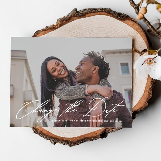 新しい日付の写真で結婚式の日程変更のお知らせ 案内状