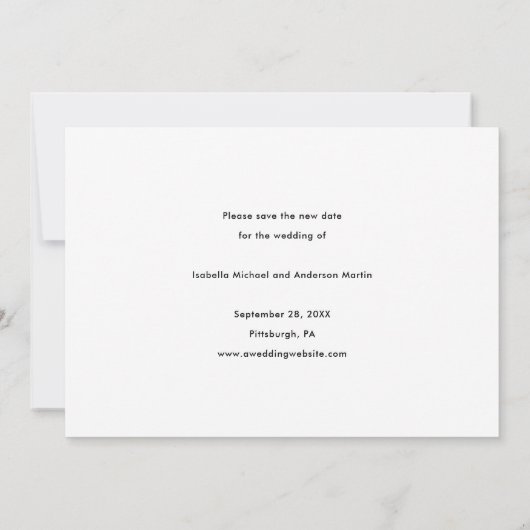 新しい日付の写真で結婚式の日程変更のお知らせ 案内状 (裏面)