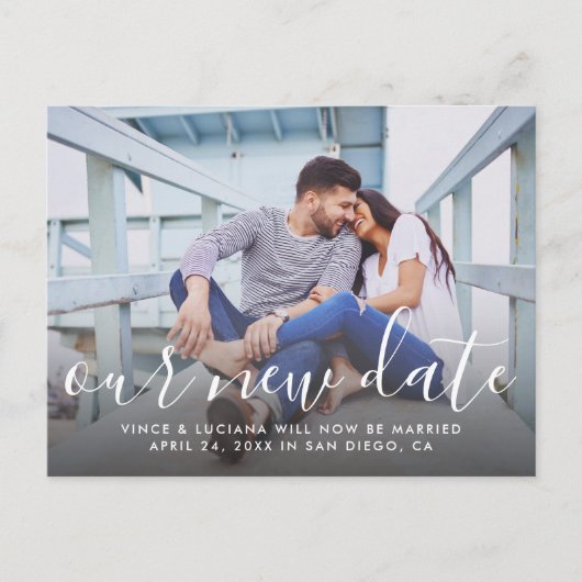 新しい日付の手書き脚本結婚の写真 案内ポストカード (正面)