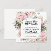 新しい日付の結婚式発表 ピンクの花のデザイン 招待状 (正面/裏面)
