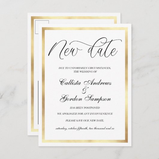 新しい日付白縁ど金ゴールド延期結婚日 案内ポストカード (正面/裏面)